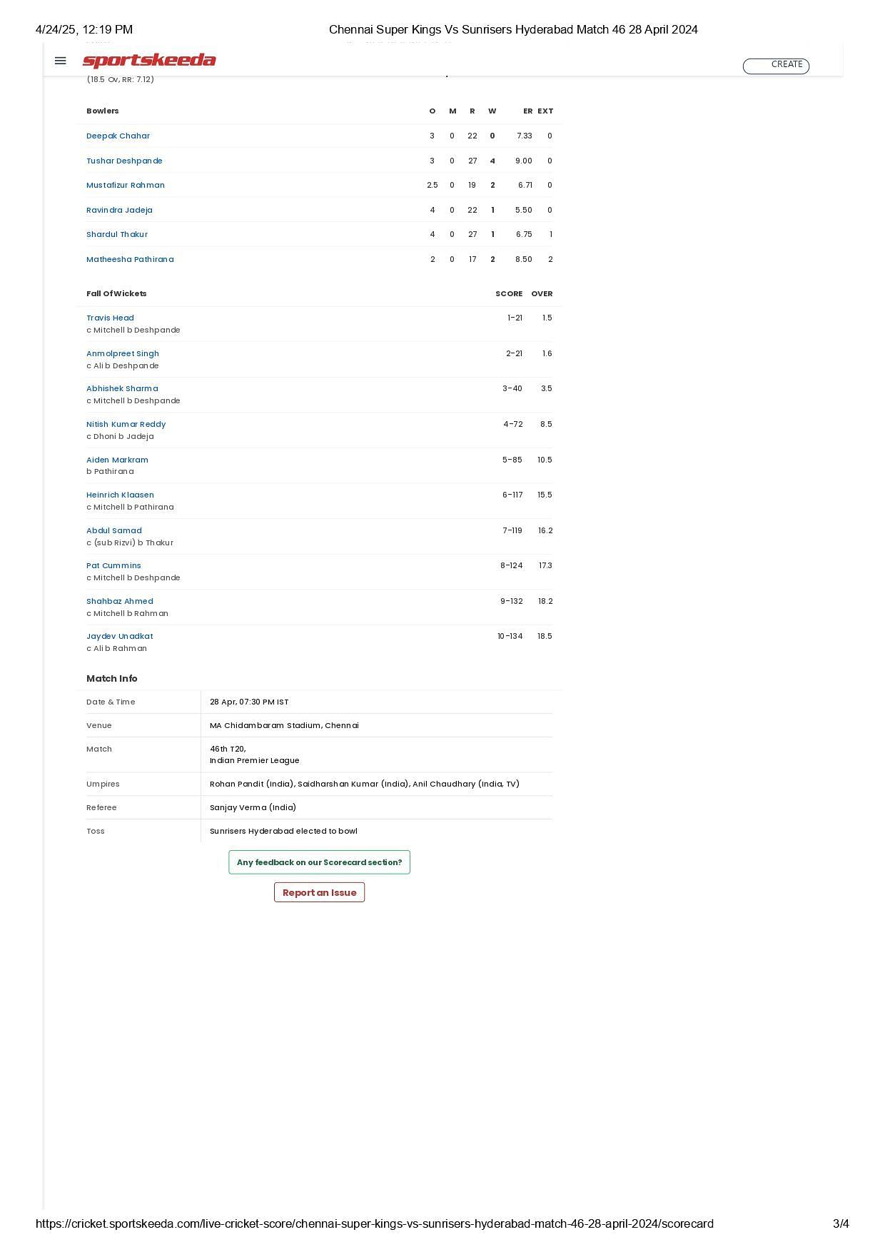 CSK vs SRH IPL 2024 scorecard.